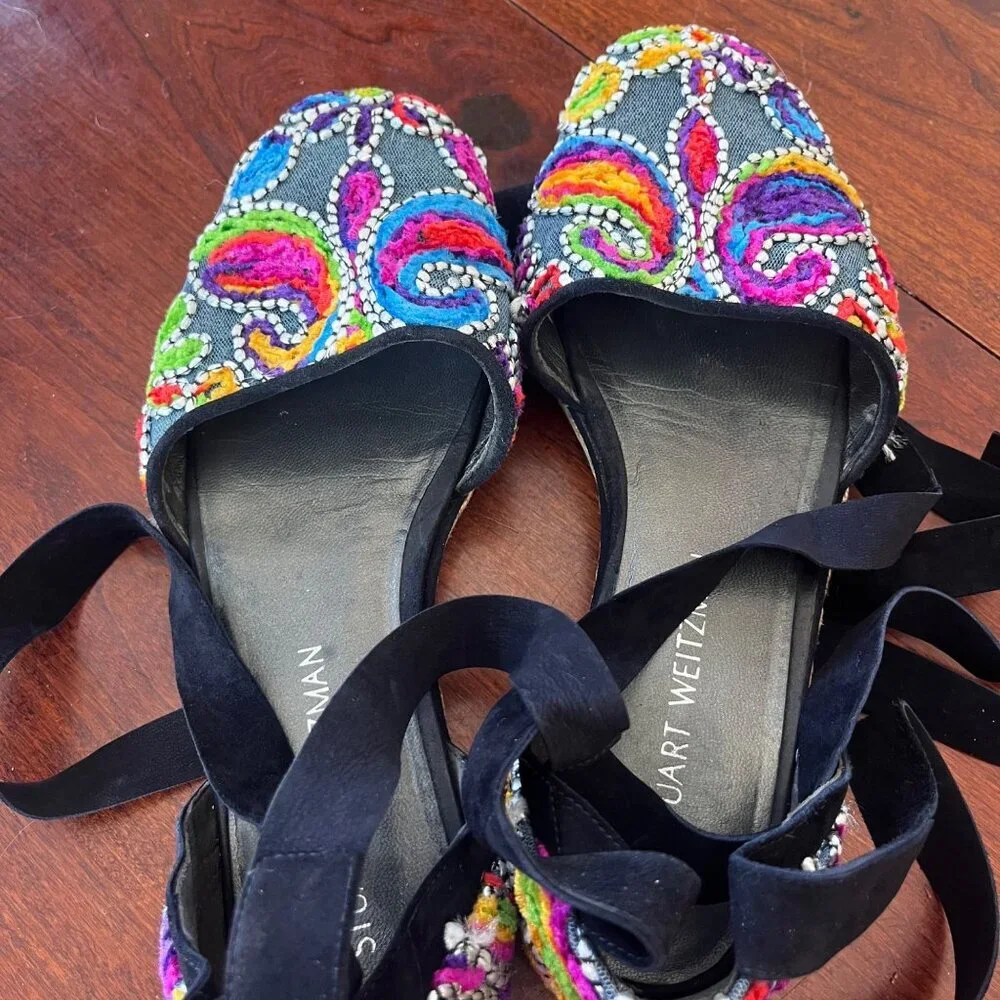 Stuart Weitzman Embroidered Denim Espadrille Flats With Black Ribbon Tie- Sz. 9.